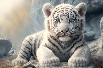 White tiger cub with blue eyes. Generative AI