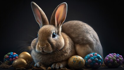 Fototapeta na wymiar Rabbit and easter eggs on a black background. Generative AI