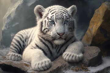 White tiger cub on a rock in the zoo. Generative AI