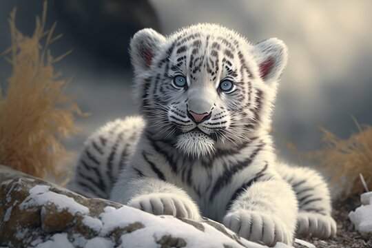 White tiger in the snow, close-up of a wild animal. Generative AI