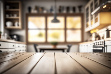 Empty table top with kitchen background