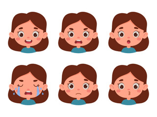Cute cartoon little kid girl in various expressions and gesture. Cartoon child character showing different emotions. Vector illustration