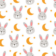 Cute little slipping hare head seamless childish pattern. Funny cartoon animal character for fabric, wrapping, textile, wallpaper, apparel. Vector illustration