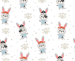 Cute little pirate hare seamless childish pattern. Funny cartoon animal character for fabric, wrapping, textile, wallpaper, apparel. Vector illustration