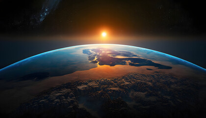 Fototapeta na wymiar Sunrise over planet Earth in space, Earth, sun, star, and galaxy. Sunrise over planet Earth, view from space