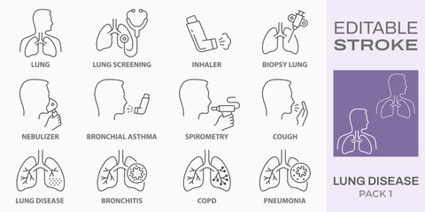 lung disease icons, such as pneumonia, cough, bronchitis, spirometry and more. Editable stroke. - obrazy, fototapety, plakaty