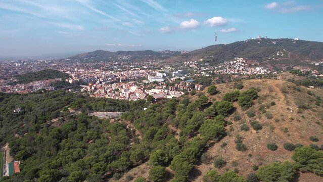 Aerial View of Vallcarca i els Penitents Residential Neighborhood of Barcelona, Spain, Revealing Drone Shot