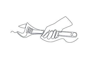 Single one line drawing hand holding wrench. Auto service concept. Continuous line draw design graphic vector illustration.