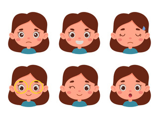 Cute cartoon little kid girl in various expressions and gesture. Cartoon child character showing different emotions. Vector illustration