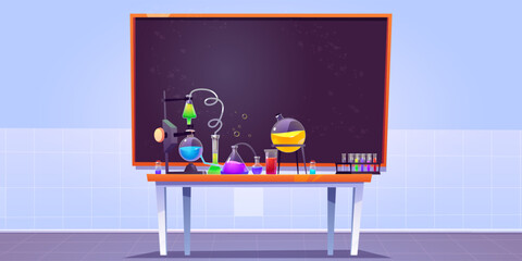 School chemistry laboratory equipment for research and science experiment to do. Lab cartoon vector background for chemical game with beaker and flask in classroom. Discovery colorful reaction.
