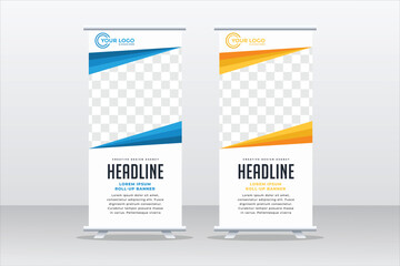 Banner roll-up design, business concept. Graphic template roll-up for exhibitions, banner for seminar, layout for placement of photos. Universal stand for conference, promo banner vector background