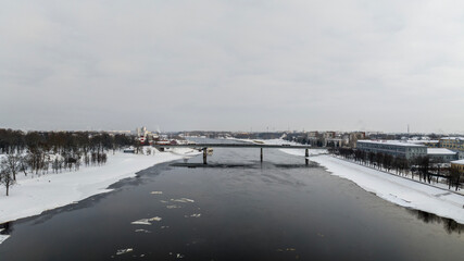 Fototapeta na wymiar panoramic view from a drone on an ancient fortress in Veliky Novgorod on a winter day