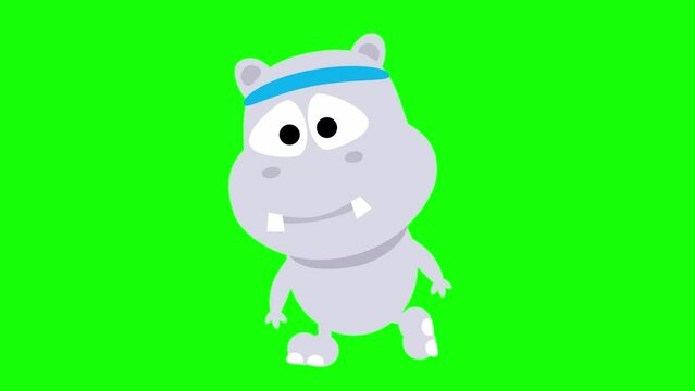 FUNNY CUTE HIPPO RUNNING RUN LOOP WITH BLINKING EYES / FUNNY 2D ANIMATION GREEN SCREEN /  CARTOON ANIMAL HIPPO CHARACTER WITH A RUNNER BAND