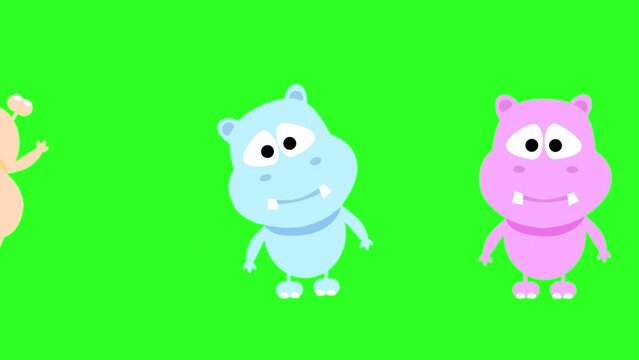 FUNNY CUTE BABY HIPPO FAMILY MAKING SIDE FLIP WITH BLINKING EYES / FUNNY 2D ANIMATION GREEN SCREEN HIPO SIDE ROLL / CARTOON ANIMAL BABY PINK HIPPO POTAMUS CHARACTER HAVE FUN WITH FRIENDS