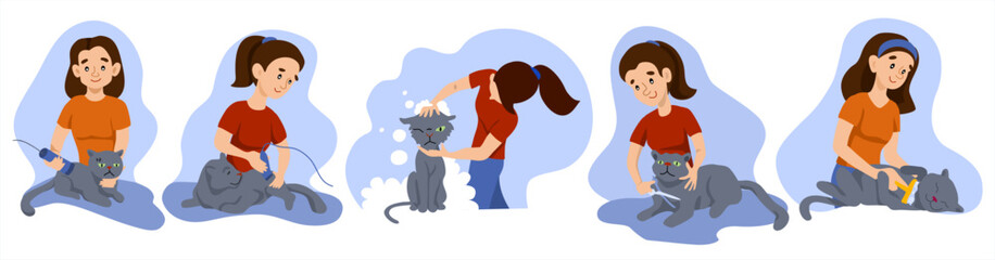 Pet care concept illustration. A young woman combs out the fur of a cat. The process of shaving and grooming a cat. A professional washes a cat. The groomer prepares the cat for the exhibition 