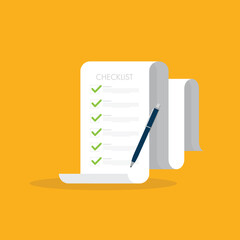Check list document, paper check list and to do list with checkboxes, concept of survey, online quiz, completed things or done test, feedback.	