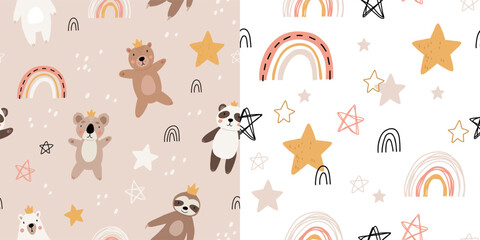 Cute kids bear seamless pattern. Cartoon bears characters like panda, koala, grizzly, polar, sloth. Scandinavian flat style, baby design for cards, posters, t-shirt print.