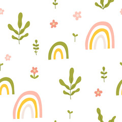 Vector color hand-drawn children cute easter seamless pattern with hens, bunny, easter eggs, flowers in scandinavian style. Easter colorful set. Doodle cartoon spring background. Happy easter.