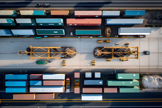 Aerial view shipping containers in the terminal, Unloading containers in a warehouse on a railroad platform, Generative AI