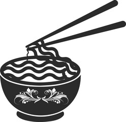 Noodles in bowl with chopsticks icon, food icon black vector