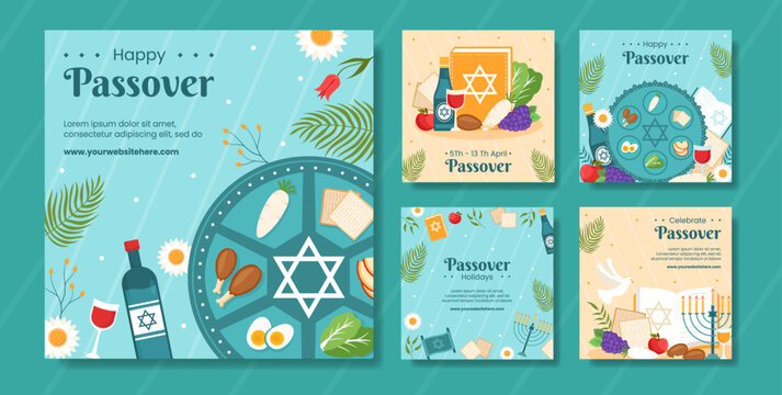 Happy Passover Jewish Holiday Social Media Post Flat Cartoon Hand Drawn Templates Illustration