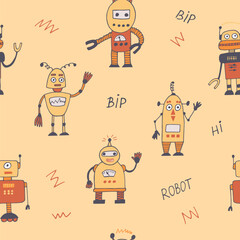 robot seamless pattern hand drawn in doodle style. cartoon character for kids room decor and clothes.