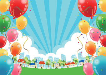 集中線つき初夏の賑やか街並み背景ヨコ © nana10n no AI