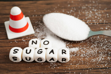 No sugar, sweet granulated sugar with text, diabetes prevention, diet and weight loss for good...
