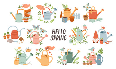 Spring mood set template. Welcome spring season invitation. Minimalist postcards with leaves, watering can.  © spirka.art