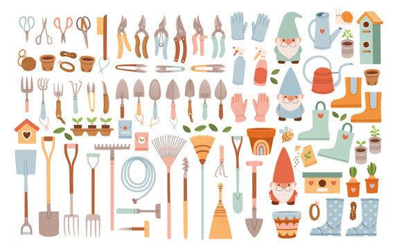 Big set of gardening items in hand drawn style. Agricultural and garden tools for spring work. Vector isolated on white