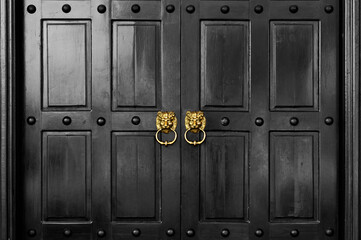 Golden lion head door handle on retro black wooden door