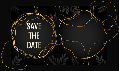 Trendy gold polygonal frame with leaves, golden glitter triangles, geometric, diamond shapes on black background. vector for print