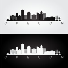 Naklejka premium Oregon state skyline and landmarks silhouette, black and white design. Vector illustration.