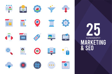 25 Marketing and Seo Flat icon pack. vector illustration.