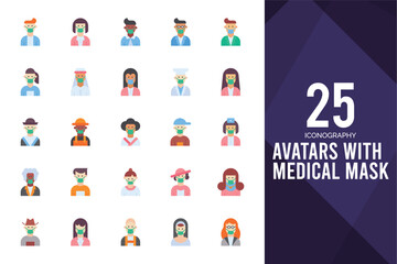 25 Avatars With Medical Masks Flat icon pack. vector illustration.