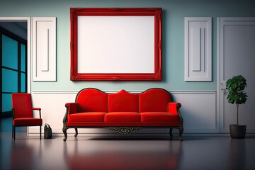 Waiting room with blank frame and red couch. Photo generative AI