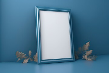 Picture frame mockup on blue. Photo generative AI