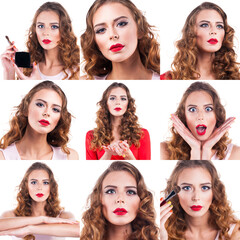 Obraz premium Bright makeup collage. Beautiful young women. Healthy Long Curly Hair