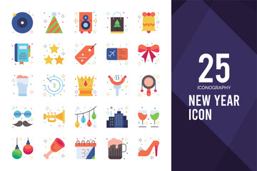 Fototapeta premium 25 New Year Flat icon pack. vector illustration.