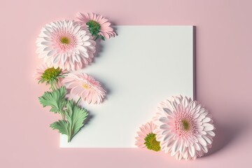 White square card with pink chrysanthemums on pink background. Photo generative AI