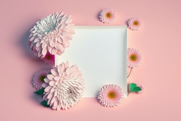 White square card with pink chrysanthemums on pink background. Photo generative AI