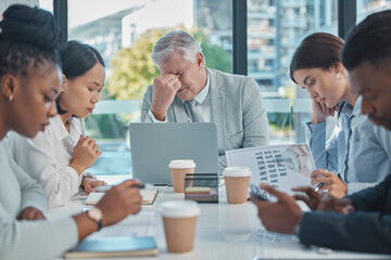 Business meeting, manager headache and people in stress, tired or focus problem thinking of documents review. Burnout, fatigue and senior boss or man in pain, crisis or anxiety in workshop or seminar