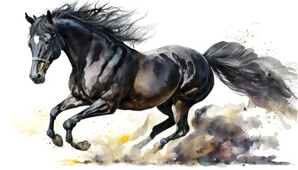A beautiful black horse running in the sand. Watercolor paint.