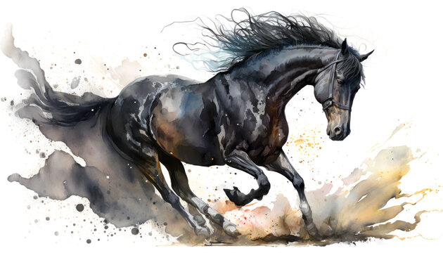 A beautiful black horse running in the sand. Watercolor paint.