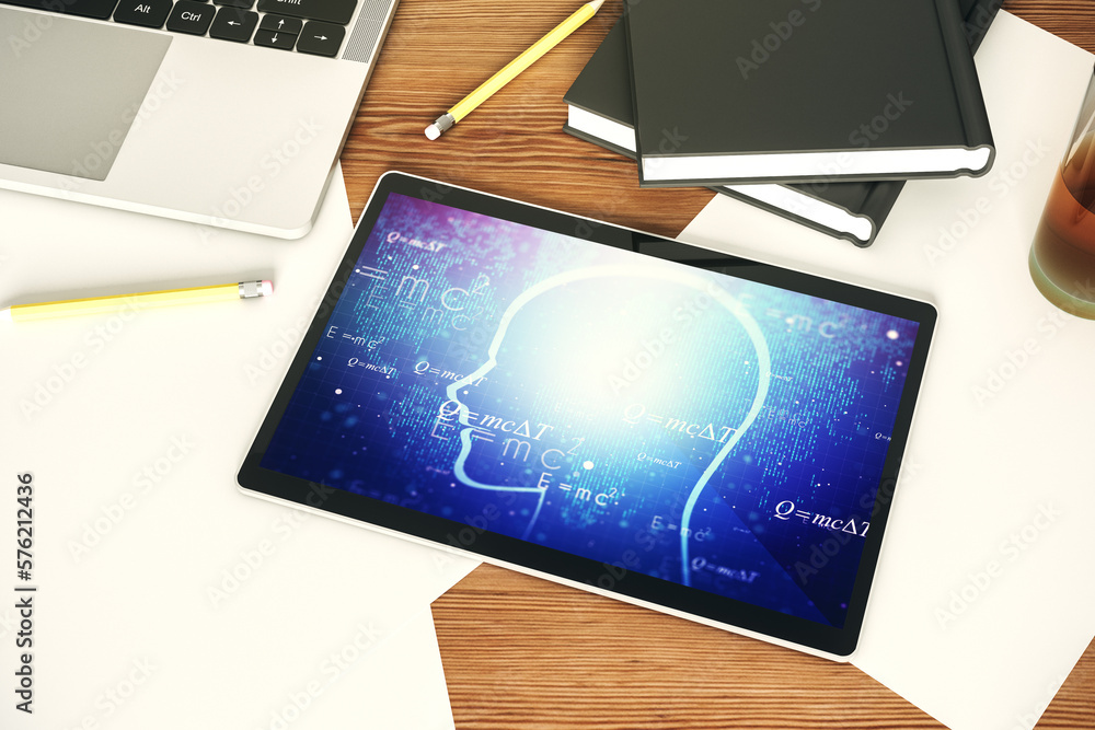 Poster creative artificial intelligence concept with human head sketch on modern digital tablet display. to
