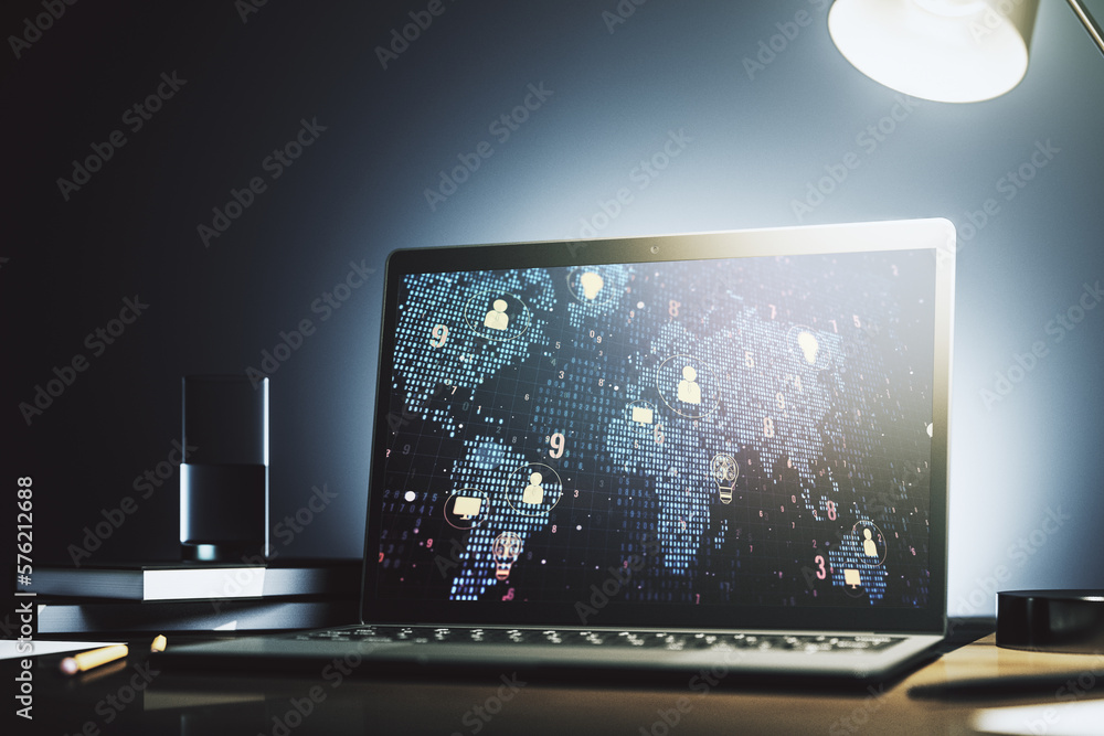 Aufkleber modern computer monitor with social network icons concept with world map. marketing and promotion co