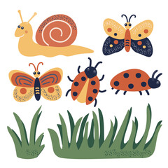 A set of insects and herbs in cartoon style. Animals - butterfly, snail, ladybug. Grass. Isolated on a white background.