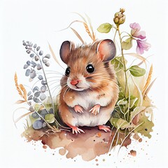 Portrait of a cute baby mouse, watercolor illustration