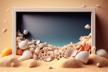 Empty frame mockup among seashells and sand. AI Generated. Template for design or advertising.