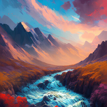 Digital painting of sunset in the mountains © prasanth